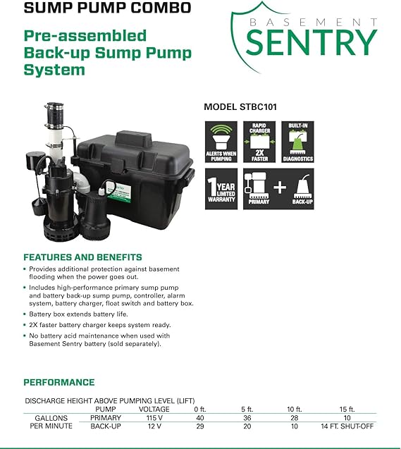 Basement Sentry Battery Backup Sump Pump System Combo (Pre-Assembled) Primary Sump Pump and Battery Back-up Pump, Controller, Alarm System, Charger, Float Switch and Battery Box