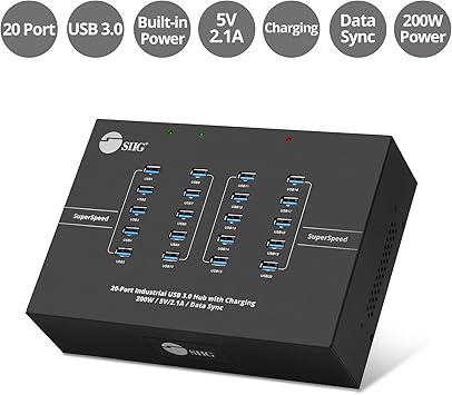 SIIG 20-Port Industrial USB 3.0 Hub with Charging and High Speed Data Transfer Sync (5Gbps) - Includes Sturdy Metal Casing and Cooling Fan (ID-US0611-S1)