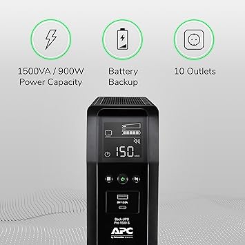 APC by Schneider Electric UPS, 1500VA Sine Wave UPS Battery Backup & Surge Protector, BR1500MS2 Backup Battery with AVR, (2) USB Charger Ports, Back-UPS Pro Uninterruptible Power Supply