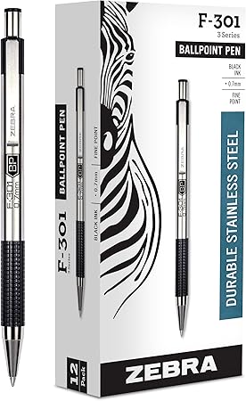 Zebra Pen F-301 Retractable Ballpoint Pen, Stainless Steel Barrel, Fine Point, 0.7mm, Black Ink, 12-Pack. Model #27110 - (Case of 96 packs, 1152 Count Total)