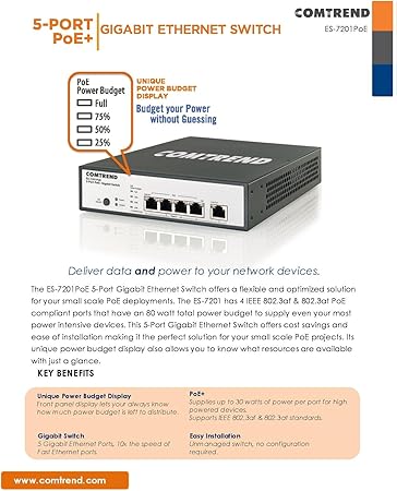 Comtrend High Power 5-Port 802.3at PoE+ Gigabit Ethernet Switch ES-7201POE