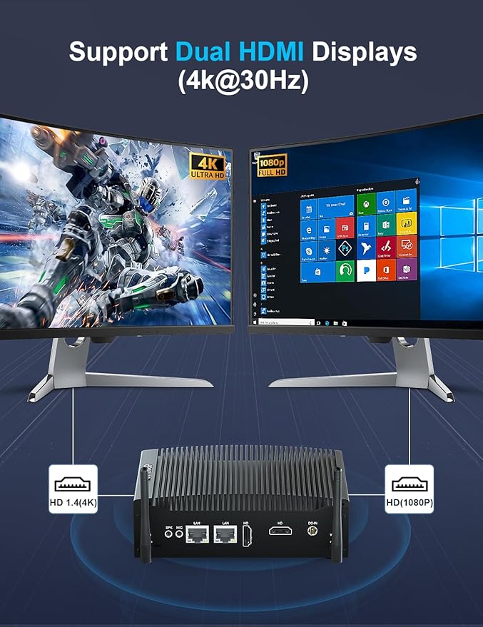 Baieyu Mini Computer 8GB RAM DDR4 128GB SSD Fanless Industrial Mini PC DDR4 Core i5-7300U Mini Desktop Computer Windows 10 Pro 2 HD RS232 COM Fanless PC Industrial PC Dual Band WiFi&BT4.2