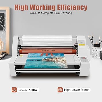 V350 350mm Hot Cold Roll Laminator, Digital Display Single and Dual Sided Thermal Laminating Machine with 4 Rollers for Home Office School