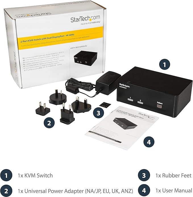 StarTech.com 2-Port DisplayPort KVM Switch - Dual-Monitor - 4K 60 - with Audio & USB Peripheral Support - DP 1.2 - USB Hub (SV231DPDDUA2)