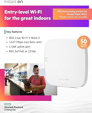 HPE Networking Instant On Access Point AP11 2x2 WiFi 5 Indoor Wireless Access Point | Power Source Not Included | US Model (R2W95A)