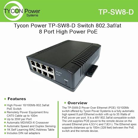 Tycon Power TP-SW8-D 802.3af/at 8 Port High Power POE 10/100BASET Switch