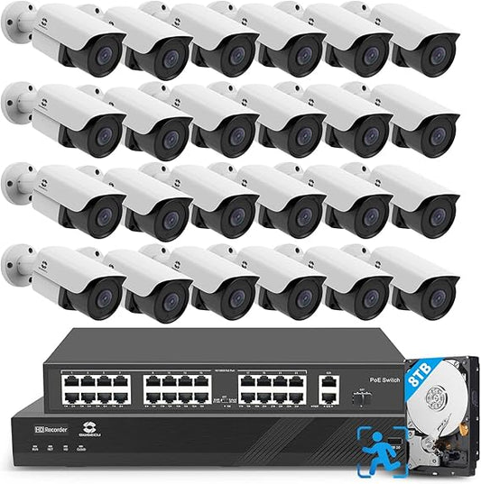 GWSECU 4K 32CH outdoor Business Surveillance Security Camera System,4K/8 MP NVR Video Recorder with 8TB HDD, 24 UHD 5MP Commercial AI Human motion Detection Bullet IP Cameras 24/7 Recording With Audio
