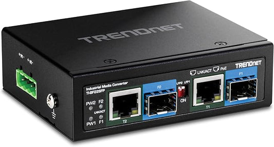 TRENDnet 2-Port Industrial SFP to Gigabit PoE++ Media Converter, TI-BF22SFP, IP30 Metal Housing, Power Supply (Model TI-S15052) Sold Separately, Black