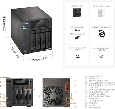 Asustor Lockerstor 4 Gen2 - AS6704T | 4-Bay NAS, Quad-Core 2.0GHz Processor, 4 M.2 NVMe Slots (PCIe 3.0), Dual 2.5GbE, Expandable to 10GbE, 4GB DDR4 RAM, (No Drive)