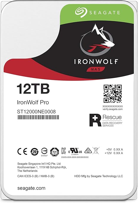 Seagate IronWolf Pro, 12 TB, Enterprise NAS Internal HDD –CMR 3.5 Inch, SATA 6 Gb/s, 7,200 RPM, 256 MB Cache for RAID Network Attached Storage (ST12000NT001)