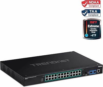 TRENDnet 26-Port Industrial Gigabit L2 Managed PoE+ Switch, TI-RP262i, 1U 19” Rackmount, 24 x Gigabit PoE+ Ports, 2 x SFP Slots (100/1000Base-FX), IP30, VLAN, QoS, 685W PoE Power Budget, Fanless