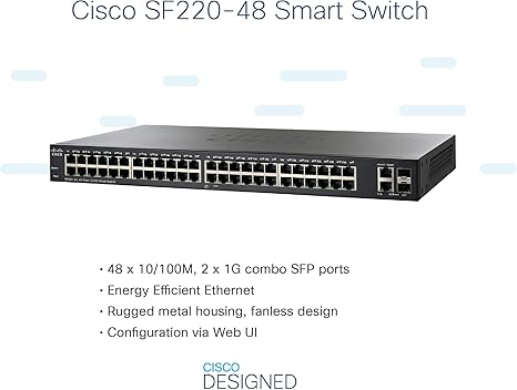 Cisco SF220-48 Smart Switch with 48 10/100 Fast Ethernet ports plus 2 Gigabit Ethernet (GbE) uplinks, Limited Lifetime Protection