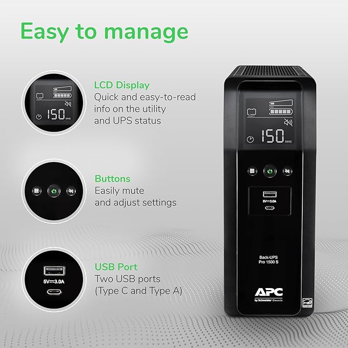 APC by Schneider Electric UPS, 1500VA Sine Wave UPS Battery Backup & Surge Protector, BR1500MS2 Backup Battery with AVR, (2) USB Charger Ports, Back-UPS Pro Uninterruptible Power Supply