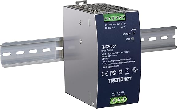 TRENDnet 240W 52V DC, 4.61A AC to DC DIN-Rail Industrial Power Supply, Built-in Power Factor Controller Function, Extreme Operating Temperature Range -25° – 70° C (-13° – 158° F), Silver, TI-S24052