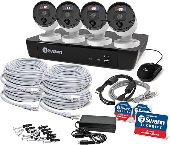 Swann Pro 4K Ultra HD, 8 Channel Security System, 2TB NVR, 4 Bullet PoE IP Cameras Outdoor, Wired Surveillance CCTV, Heat Motion Vehicle Detection, LED Light, 24/7 Recording Security Camera, 889804