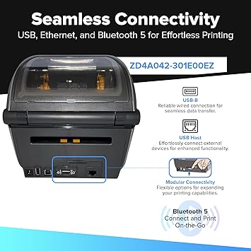 Zebra ZD421 Thermal Transfer Desktop Printer 203 dpi Print Width 4-inch USB Ethernet ZD4A042-301E00EZ | Includes Jetset Software