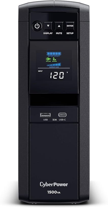 CyberPower CP1500PFCLCD PFC Sinewave UPS System, 1500VA/1000W, 12 Outlets, AVR, Mini Tower,Black
