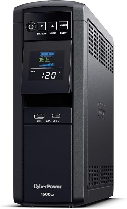 CyberPower CP1500PFCLCD PFC Sinewave UPS System, 1500VA/1000W, 12 Outlets, AVR, Mini Tower,Black