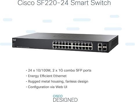 Cisco SF220-24 Smart Switch with 24 Fast Ethernet Ports plus 2 Gigabit Ethernet (GbE) Ports, Limited Lifetime Protection