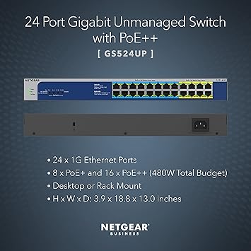 NETGEAR 24-Port Gigabit Ethernet Unmanaged Ultra60 PoE++ Switch (GS524UP)