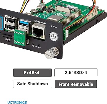 UCTRONICS Pi Rack Pro for Raspberry Pi 4B, 19" 1U Rack Mount, Support for 4 2.5" SSDs, Secure Shutdown, 0.96" Color Display