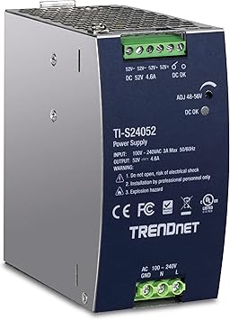 TRENDnet 240W 52V DC, 4.61A AC to DC DIN-Rail Industrial Power Supply, Built-in Power Factor Controller Function, Extreme Operating Temperature Range -25° – 70° C (-13° – 158° F), Silver, TI-S24052