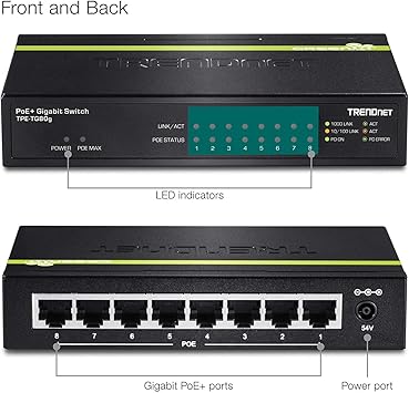 TRENDnet 8-Port Gigabit PoE+ Switch, 8 x Gigabit PoE+ Ports, 123W PoE Power Budget, 16 Gbps Switching Capacity, Desktop Switch, Ethernet Network Switch, Metal, Lifetime Protection, Black, TPE-TG80G