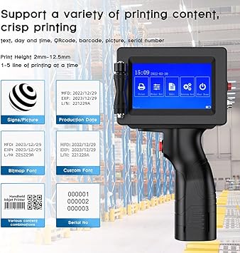 BESHENG Handheld Inkjet Printer JS12H1, Handheld Inkjet Printer Gun with Quick-Drying Ink Cartridge Date Printing Machine for Text/QR Code/Barcode/Batch Number/Label Handheld Printer for Any Surface