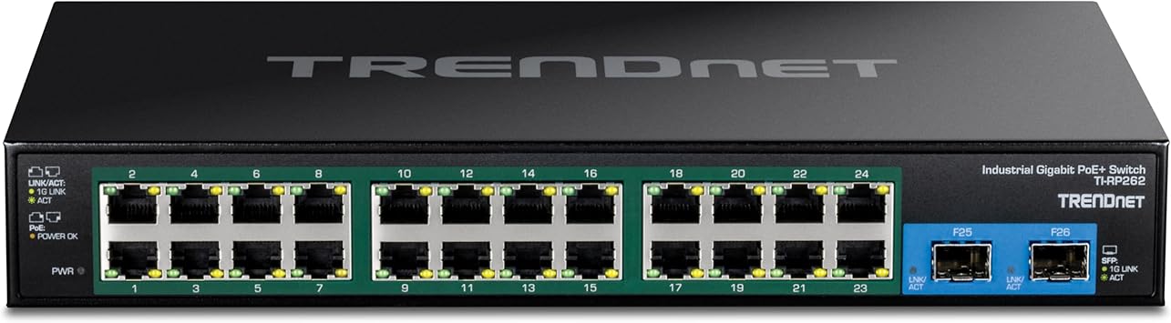 TRENDnet 26-Port Hardened Industrial Gigabit PoE+ Rackmount Switch, TI-RP262, 24 x Gigabit PoE+ Ports, 2 x Gigabit SFP Ports, Lifetime Protection, Black
