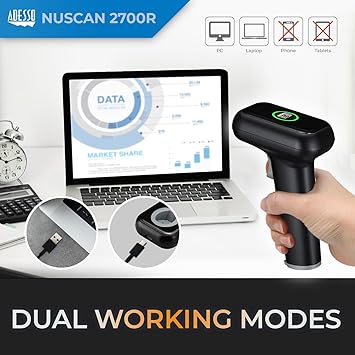 Adesso NuScan 2700R 1D 2D Wireless Barcode Scanner with Charging Cradle, 150ft Range, Spill Resistant, for Warehouse, Library, Healthcare, Logistics, Retail