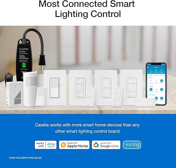 Lutron P-BDG-PKG1W Caseta Wireless Dimmer Kit with Smart Bridge, White
