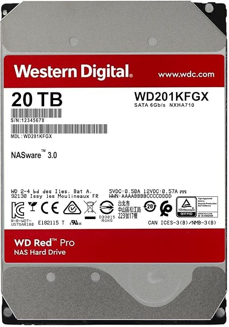 Western Digital 20TB WD Red Pro NAS Internal Hard Drive HDD - 7200 RPM, SATA 6 Gb/s, CMR, 512 MB Cache, 3.5" - WD201KFGX