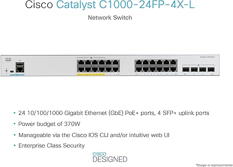 Cisco Catalyst 1000-24FP-4X-L Network Switch, 24 Gigabit Ethernet PoE+ Ports, 370W PoE Budget, 4 10G SFP+ Uplink Ports, Enhanced Limited (C1000-24FP-4X-L) (Renewed)