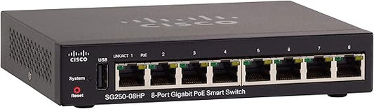 CISCO DESIGNED SG250-08HP Smart Switch with 8 Gigabit Ethernet (GbE) Ports Plus 45W PoE, Limited Lifetime Protection (SG250-08HP-K9-NA), Black