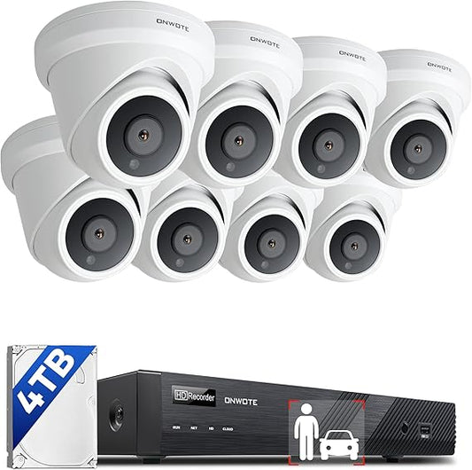 ONWOTE Wired 4K Security Camera System PoE 16 Channel, AI-Human-Vehicle-Detection, 8Pcs Outdoor Commercial 4K PoE IP Cameras Audio, 128° Wide View, 16CH 4K 8MP Business NVR 4TB, 16CH Synchro Playback