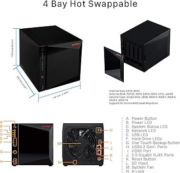 Asustor AS5304T 4 Bay NAS, 1.5GHz Quad-Core, 2 2.5GbE Port, 4GB RAM DDR4, Gaming Network Attached Storage, Personal Private Cloud (Diskless)