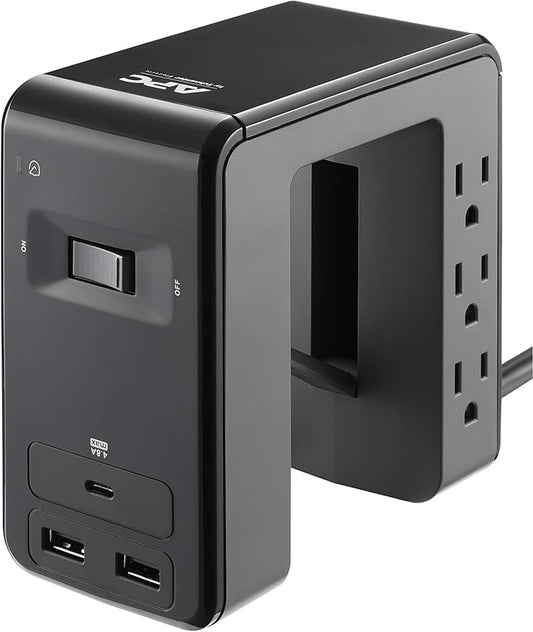 APC Desk Mount Power Station PE6U21, U-Shaped Surge Protector with USB Ports (3), Desk Clamp, 6 Outlet, 1080 Joules Black