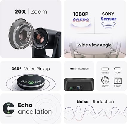 TONGVEO Conference Room HDMI 60fps USB3.0 Camera System with Bluetooth Microphone and Speaker,20X Optical Zoom 1080P PTZ Video Camera with Speakerpho