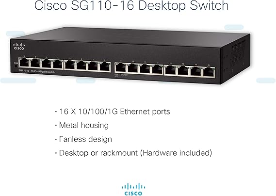 CISCO DESIGNED SG110-16 Desktop Switch with 16 Gigabit Ethernet (GbE) Ports, Limited Lifetime Protection (SG110-16-NA), Black