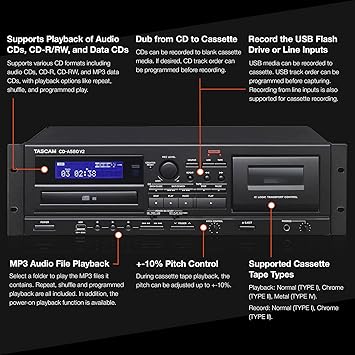 Tascam CD-A580 Cassette/CD/USB MP3 Player Recorder Combo, Black