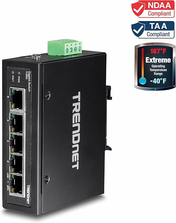 TRENDnet 5-Port Hardened Industrial Gigabit DIN-Rail Switch, 10 Gbps Switching Capacity, IP30 Rated Network Switch (-40 to 167 ºF), DIN-Rail & Wall Mounts Included, Lifetime Protection, Black, TI-G50