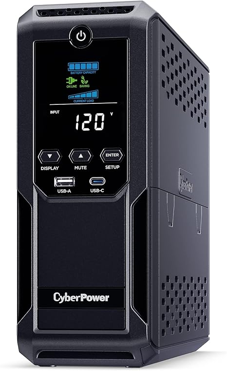 CyberPower CP1500AVRLCD3 Intelligent LCD UPS System, 1500VA/900W, 12 Outlets, 2 USB Ports, AVR, Mini Tower, Black