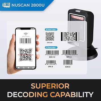 Adesso NuScan 2800U 1D 2D Wired Hands-Free Barcode Scanner Desktop Bar Code Reader Automatic Omnidirectional USB Plug and Play, for Warehouse, Library, Supermarket