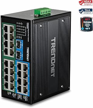 TRENDnet 26-Port Hardened Industrial Unmanaged Gigabit DIN-Rail Switch, TI-PG262, 16 x Gigabit PoE+ Ports, 8 x Gigabit RJ-45 Ports, 2 x SFP Ports, IP30, Lifetime Protection, Black