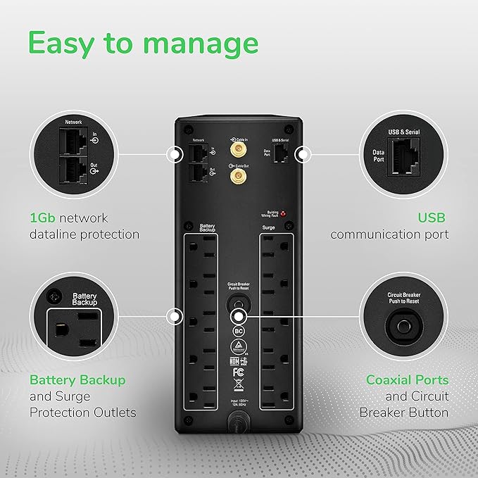 APC 1500VA UPS Battery Backup & Surge Protector, APC UPS Back-UPS Pro (BX1500M)