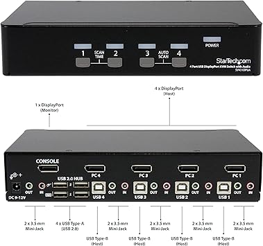 StarTech.com 4 Port DisplayPort KVM Switch - 4K 60Hz - Single Display - Dual Port UHD DP 1.2 USB KVM Switch with Integrated USB 2.0 Hub & Audio - Dell, HP, Apple, Lenovo - TAA Compliant (SV431DPUA2)