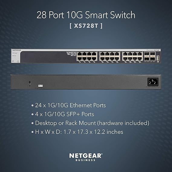 NETGEAR 28-Port 10G Ethernet Smart Managed Pro Switch (XS728T) - with 4 x 10Gigabit SFP+, Desktop/Rackmount, and ProSAFE Lifetime Protection