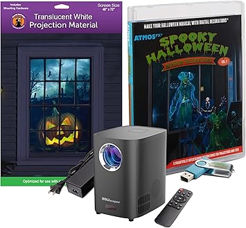 Reaper Brothers Spooky Halloween Digital Decoration Kit Includes 9 AtmosFX Video Effects for Halloween Plus HD Super Bright Projector and 48” x 72” Holographic Projection Screen