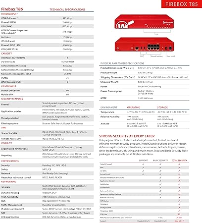 WatchGuard Firebox T85-PoE High Availibility Model Network Security Appliance with 1 Year Standard Support License - Advanced Firewall, VPN, Intrusion Prevention (WGT85071-US)