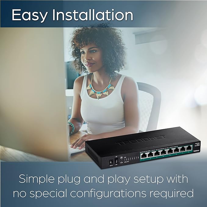 TRENDnet 8-Port Unmanaged 2.5G PoE+ Switch, Fanless, Compact Desktop Design, Metal Housing, 2.5GBASE-T Ports, IEEE 802.3bz, 100W PoE Budget, Black, TPE-TG380